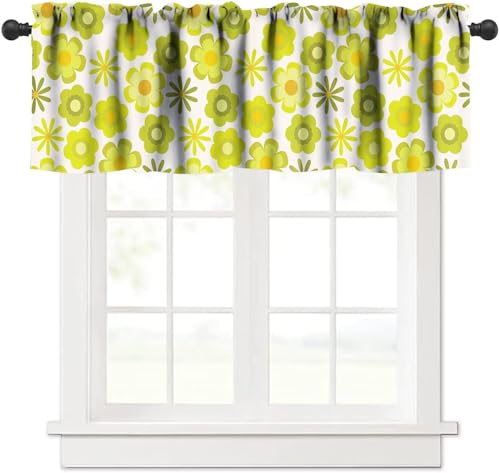 ZhiRain 70er Jahre süßer Blumenvolant Vorhang Retro Groovy Gelb und Limettengrün Blumen 1970er 60er Jahre Stil Stangentaschenvolant Fensterbehandlungen 1 Panel kurze Vorhänge für Küche Bauernhaus von ZhiRain