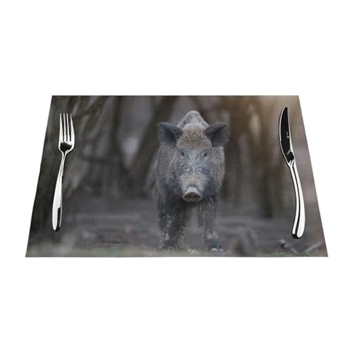 Platzsets aus PVC, Motiv: Wildschwein, waschbar, rutschfest, rechteckig, für Küche, Esstisch, wärmeisolierende Tischsets, 45 x 30 cm von Zhimahou