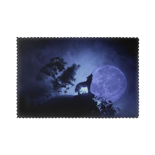 Silhouette Heulender Wolf Halloween waschbare Polyester-Tischsets, 1–6 Sets, rutschfeste, rechteckige Tischsets für Küche, Esstisch, Tischsets, 45 x 30 cm von Zhimahou