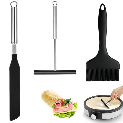 distributor and spatula, 3 Stück Crêpes Verteiler und Spatel Set, Edelstahl 304 und Silikon Crepe Wender Teigverteiler, T-Förmiger Teigverteiler, Spatel, Kochpinsel von Zhixifan