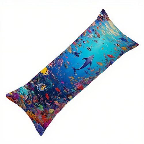 Blau Seitenschläferkissen Bezug 40 x 145 cm Unterwasserwelt Seitenschläferkissen mit Unsichtbarem Reißverschluss, Doppelseitig Drucken Leinen Atmungsaktiv Weich Kopfkissenbezug, und Waschbar Q-6378 von Zhlpjecc