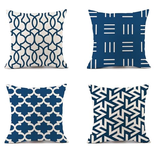 Kissenbezug Marineblau Kissen 40x40 4er Set Sofakissen Dekokissen, Kissenbezüge Geometrie Kopfkissenbezug Doppelseitig Leinen Quadratisch Kissenhüllen für Wohnzimmer Schlafzimmer Outdoorkissen N-304 von Zhlpjecc