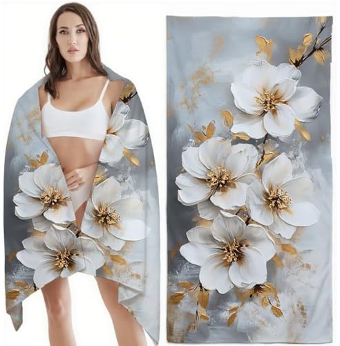 Mikrofaser Strandtuch 100x180 cm Mikrofaser Handtuch Weiß Kompaktes Sandbeständig, Schnell Trocknend, Ultra-Absorbierend Badetuch, für Urlaub, Reise, Strand, Sauna, mit Aufbewahrungstasch Blume Z-6142 von Zhlpjecc