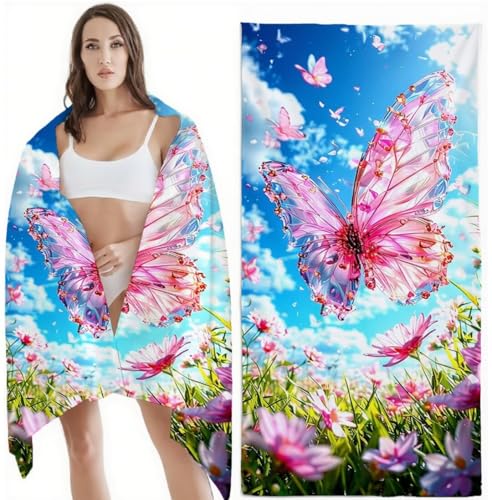 Strandtuch XXL Mikrofaser Handtuch, Schnelltrocknend Badetuch Rosa Mikrofaser Stranddecke Sandfrei, für Reise Urlaub Schwimmen Strand Zubehör, Sport Saunahandtuch 100x200 cm, Schmetterling Z-6455 von Zhlpjecc