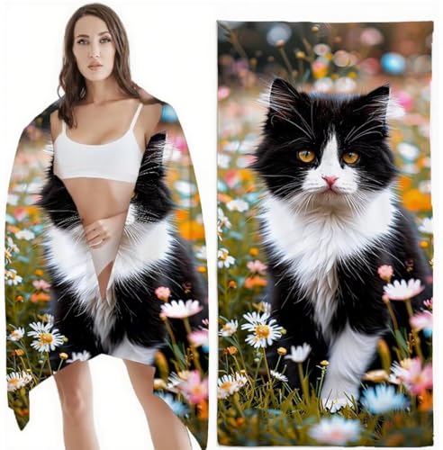 Strandtuch XXL Mikrofaser Handtuch, Schnelltrocknend Badetuch Schwarz Mikrofaser Stranddecke Sandfrei, Damen Herren Reise Urlaub Schwimmen Strand Zubehör, Sport Saunahandtuch 80x180 cm, Katze Z-6341 von Zhlpjecc