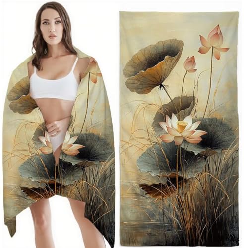 Strandtuch XXL Mikrofaser Handtuch, Schnelltrocknend Badetuch Sommer Mikrofaser Stranddecke Sandfrei, Damen Herren Reise Urlaub Schwimmen Strand Zubehör, Saunahandtuch 100x200 cm, Lotusteich Z-6311 von Zhlpjecc
