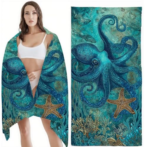 Strandtuch XXL Mikrofaser Handtuch, Schnelltrocknend Badetuch Tier Mikrofaser Stranddecke Sandfrei, Damen Herren Reise Urlaub Schwimmen Strand Zubehör, Sport Saunahandtuch 90x180 cm, Oktopus Z-3775 von Zhlpjecc