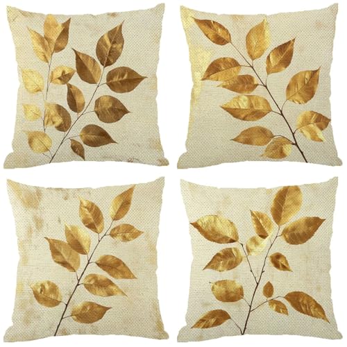 Blatt Kissenbezug 30x30, Outdoor Kissen Orange Farbe 4er Set Wetterfest Leinen Kissenbezüge, Doppelseitig Drucken mit Unsichtbarem Reißverschluss für Outdoor Deko Kissen, Balkon Garten Deko Z-218 von Zhngshlg