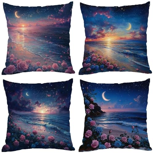 FrüHling Kissenbezug 35x35, Outdoor Kissen Blau 4er Set Wetterfest Leinen Kissenbezüge, Doppelseitig Drucken Unsichtbarem Reißverschluss für Outdoor Deko Kissen Aesthetic, Balkon Garten Deko Z-685 von Zhngshlg