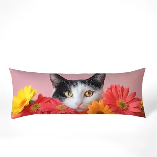 Kissenbezug 50x150 Seitenschläferkissen Bezug Katze Kissenbezug Blumen Kissen seitenschläfer Samt Verbessern Sie Schlafqualität Pillow Case, Doppelseitig Drucken für Sofa Deko Schlafzimmer, Model432 von Zhngshlg