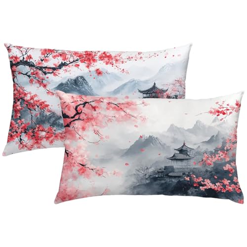 Kissenbezug Kirschblüten 2er Set Outdoor kissen Japan 50x70 Sofakissen Wasserdichte Leinen Doppelseitiger Gedruckte mit Verstecktem Reißverschluss für Deko Wohnzimmer, Geschenke für Frauen, Model267 von Zhngshlg