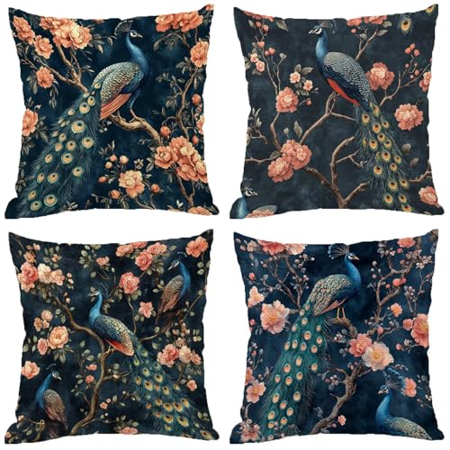 Outdoor Kissen Blume Muster Design, Wasserdichter Kissenbezug 65x65 Pfau, 4er Set Outdoor Kissen Wetterfest Leinen Kissenbezüge mit Unsichtbarem Reißverschluss für Balkon Deko Sommer Geschenke Z-672 Outdoor Kissen Blume Muster Design, Wasserdichter Kissenbezug 65x65 Pfau, 4er Set Outdoor Kissen Wetterfest Leinen Kissenbezüge mit Unsichtbarem Reißverschluss für Balkon Deko Sommer Geschenke Z-672 von Zhngshlg