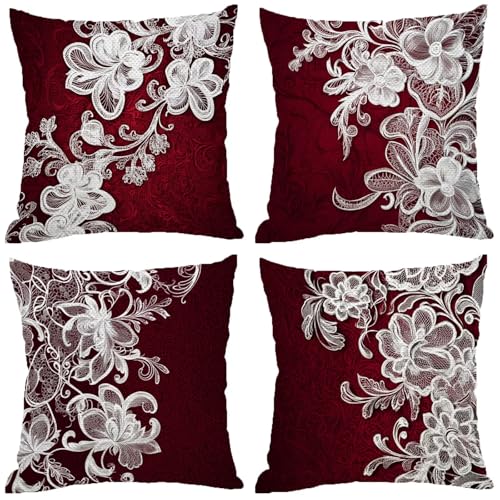 Outdoor Kissen Blume Muster Design, Wasserdichter Kissenbezug 65x65 Rotwein, 4er Set Outdoor Kissen Wetterfest Leinen Kissenbezüge Unsichtbarem Reißverschluss für Balkon Deko Sommer Geschenke Z-669 von Zhngshlg
