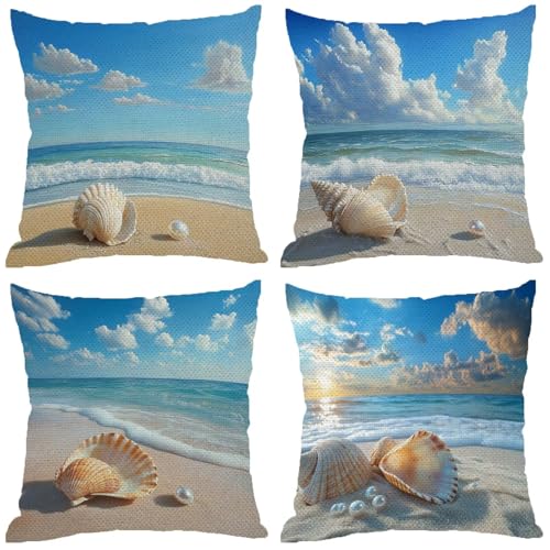 Outdoor Kissen Jpg Muster Design, Wasserdichter Kissenbezug 70x70 Blau, 4er Set Outdoor Kissen Wetterfest Leinen Kissenbezüge mit Unsichtbarem Reißverschluss für Balkon Deko Sommer Geschenke Z-674 von Zhngshlg