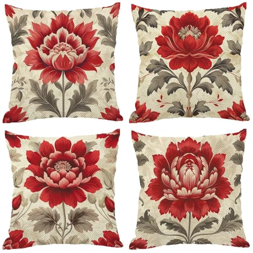 Outdoor Kissen Retro Muster Design, Wasserdichter Kissenbezug 70x70 Rotwein, 4er Set Outdoor Kissen Wetterfest Leinen Kissenbezüge Unsichtbarem Reißverschluss für Balkon Deko Sommer Geschenke Z-668 von Zhngshlg