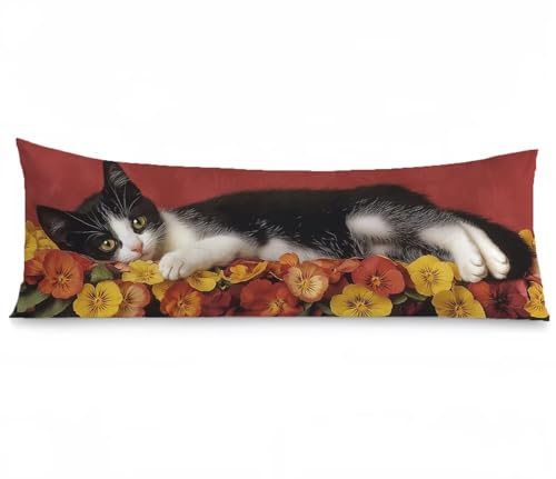Seitenschläferkissen Bezug 50 x 150, Katze Kissenbezug 50x150 Kissen seitenschläfer Blumen Muster Samt Verbessern Sie Schlafqualität Pillow Case, Doppelseitig Drucken für Sofa Schlafzimmer, Model397 von Zhngshlg