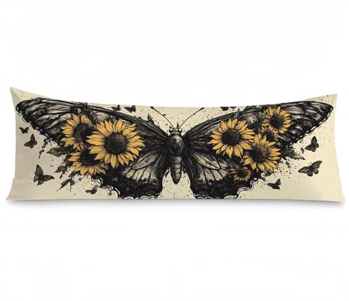 Seitenschläferkissen Bezug 60 x 180, Schmetterling Kissenbezug 60x180 kissen seitenschläfer Sonnenblume Muster Leinen Pillow Case, Doppelseitig Drucken für Sofa Wohnzimmer Schlafzimmer, Model364 von Zhngshlg