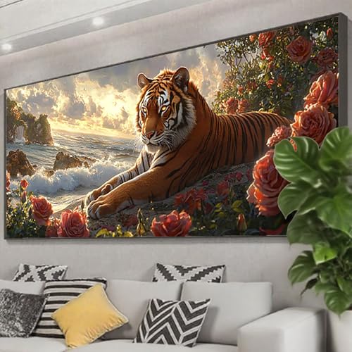 Diamond Painting XXL 150x60 cm, 5D Diamant Painting Bilder Tiger Diamant Art Malerei Blume, DIY Eckige Steine Stickerei Kreuzstich Bastelset Erwachsene für Zimmer Deko, Geschenke für Frauen Z0-660 von Zhngzoyn
