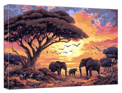 Malen Nach Zahlen Sonnenuntergang Malen Nach Zahlen Kinder ab 7 Elefant DIY Anfänger Basteln Erwachsene Handgemalt Ölgemälde Mit 3 Pinseln und Acrylfarbe für Geschenke Home Dekor 40x50cm, Model840 von Zhnncfgg