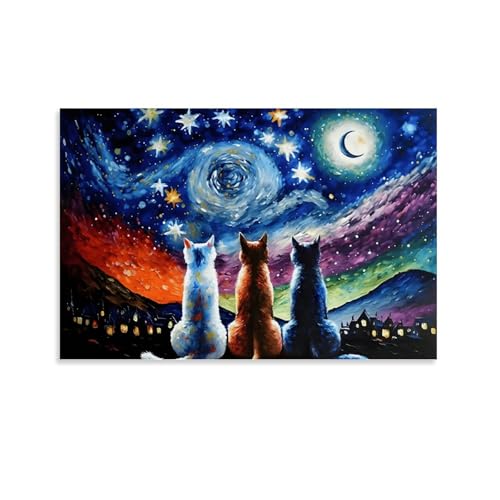 ZhonghuiBo Poster mit Katzen-Sternenhimmel, Wandkunst, Wohnen, modernes Schlafzimmer-Dekoration, 3 Stück, 20 x 30 cm, ungerahmt von ZhonghuiBo