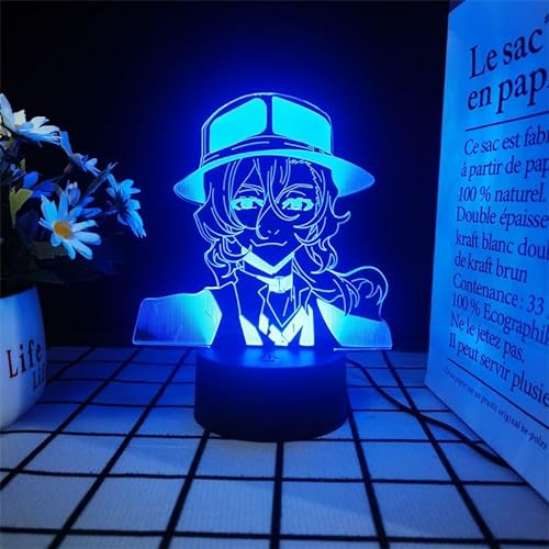 Zhongkaihua Bungo Stray Dogs Nachtlicht Dazai/Chuuya/Osamu, 3D-Illusion, 7 Farben, wechselnde Atmosphäre, Lampe, Heimdekoration, Weihnachts- oder Geburtstagsgeschenke (Color Touch + Fernbedienung) von Zhongkaihua