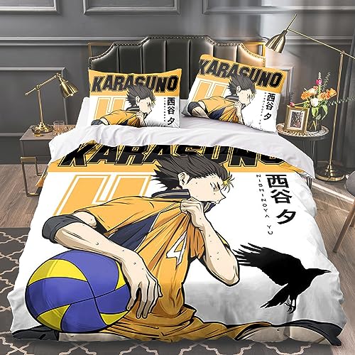 Zhongkaihua Haikyuu Hinata Shoyo Tobio Kageyama Print Dreiteiliges Set mit 2 Kissen – Bettwäsche Doppelbettbezug Set für Schlafsaal Schlafzimmer Zuhause Geschenke für Teen/Spieler/Kinder von Zhongkaihua