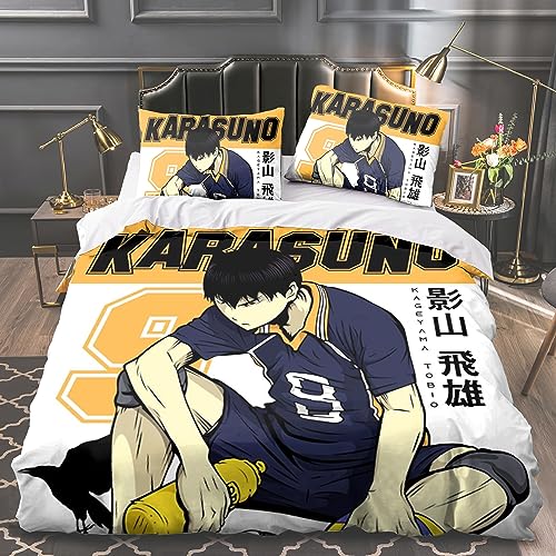 Zhongkaihua Haikyuu Hinata Shoyo Tobio Kageyama Print Dreiteiliges Set mit 2 Kissen – Bettwäsche Doppelbettbezug Set für Schlafsaal Schlafzimmer Zuhause Geschenke für Teen/Spieler/Kinder von Zhongkaihua