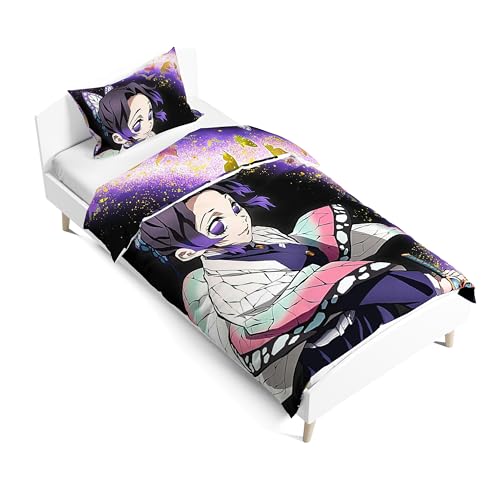 Zhongkaihua Kochou Shinobu Bettwäsche-Set, 2-teilig, enthält 3D-Anime-Motiv, doppelseitiger Druck, wendbarer Bettbezug und Kissenbezug, 135 x 200 cm, Einzel-Bettwäsche-Set, mehrfarbig von Zhongkaihua