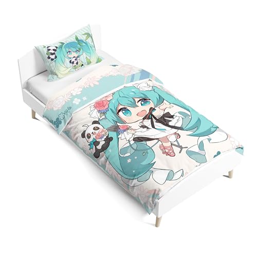 Zhongkaihua Miku Bettwäsche-Set, 2-teilig, 135 x 200 cm, bedruckt, Miku-Merch-Cartoon-Bettdecke und Kissenbezug, Bett-Set, Schlafzimmer, Heimdekoration von Zhongkaihua
