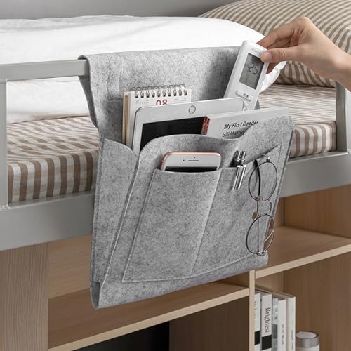 Zhongtou Betttasche Filz Bett Organizer zum Einhängen Anti-Rutsch Sofa Organizer Nachttisch Bett Tasche zum Anhängen Filztasche Hängeaufbewahrung für Zeitschriften Handy Fernbedienung (Hellgrau) von Zhongtou