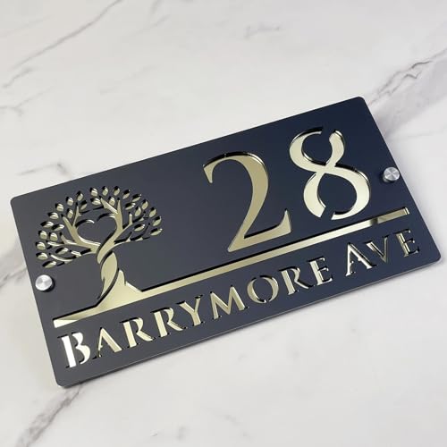 Personalisiertes Tree Life Adressschild – grau-goldenes 3D-Acryl-Hausnummernschild, individuell, lasergeschnitten, modernes Türschild für den Außenbereich (E) von Zhongzhi