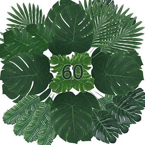 Zhou-lange künstliche Blätter, 60 Stück, tropische Palmblätter, Monstera-Blätter, Dschungel, Strand, Partydekorationen (6 Arten) von Zhou-long