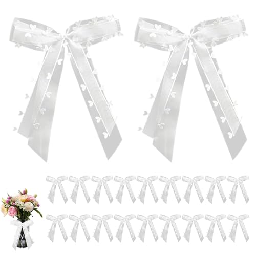 ZhouWei 20 Stück Autoschleifen Hochzeit Weiß, Schleifen Auto Hochzeit Autoschmuck mit Herzen Schleifen Hochzeitsschleifen fürs Auto mit Handgemacht Satinband, für Geschenverpackung Party (25 ×12 cm) von ZhouWei
