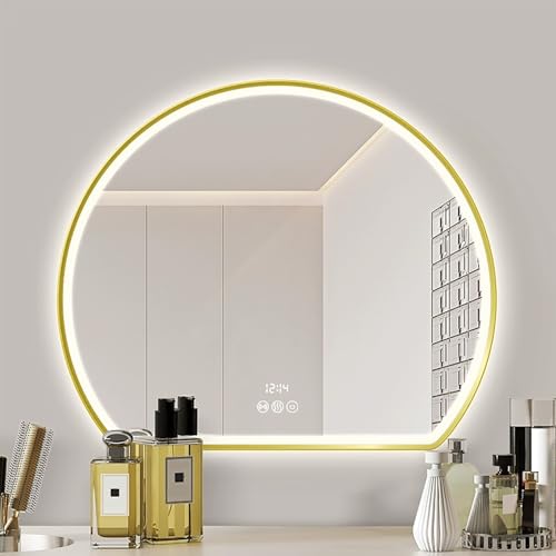 Zhoudong 100cm Groß Goldrahmen Badspiegel mit Beleuchtung, 60cm Halbrunder LED Dekorative Spiegel, 3 Lichtfarbe Einstellbar Wandspiegel, Anti-Beschlag, Touchschalter(20"x16") von Zhoudong