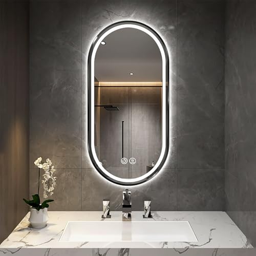 Zhoudong 130cm Groß Oval Badspiegel, Kreativer Wandmontage LED Spiegel mit Metallrahmen, 100cm Antibeschlag Kosmetikspiegel, 3 Lichtfarbe Einstellbar, Schwarz/Gold(Black,120 * 60cm) von Zhoudong