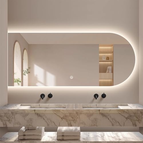 Zhoudong 3 Lichtfarbe Badspiegel, 80cm Bogen Wandspiegel LED Hinterleuchteten Dimmbar, 100cm Intelligent Beschlagfrei Kosmetikspiegel mit Touch-Schalter(Left Cut,60 * 120cm) von Zhoudong