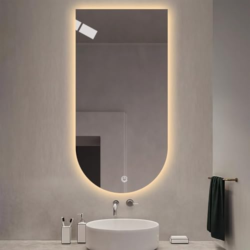Zhoudong 3 Lichtfarbe Badspiegel, 80cm Bogen Wandspiegel LED Hinterleuchteten Dimmbar, 100cm Intelligent Beschlagfrei Kosmetikspiegel mit Touch-Schalter(Upside down,70 * 130cm) von Zhoudong