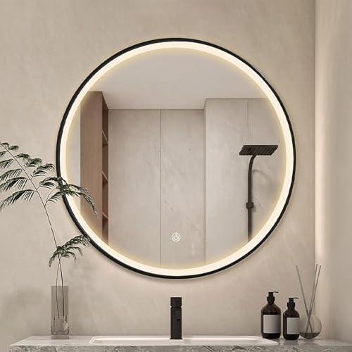 Zhoudong 3 Lichtfarbe Dimmbar Badspiegel, 80cm Rund Gold LED Spiegel mit Rahmen, Anti-Beschlag Schminkspiegel mit Touchschalter, Schwarz Metallrahmen(Black,24"/60cm) von Zhoudong