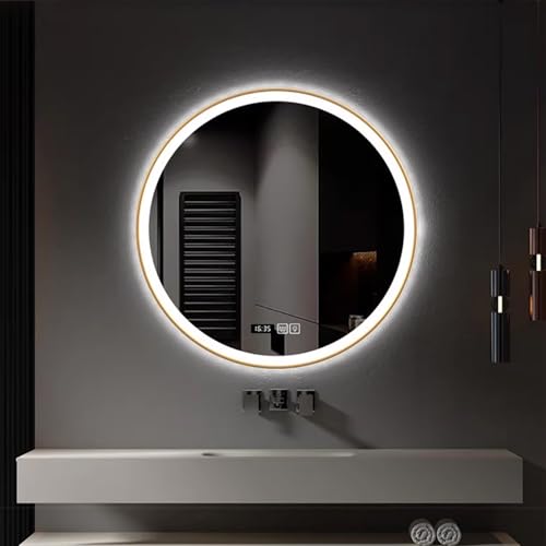 Zhoudong 3 Lichtfarbe Dimmbar Badspiegel, 80cm Rund Gold LED Spiegel mit Rahmen, Anti-Beschlag Schminkspiegel mit Touchschalter, Schwarz Metallrahmen(Gold,24"/60cm) von Zhoudong