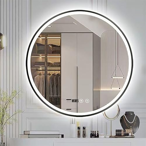 Zhoudong 3 Lichtfarbe Rund LED Spiegel, 100cm Groß Bad Wandspiegel mit Metallrahmen, 80/90cm Intelligent Beschlagfrei Schminkspiegel mit Touch-Schalter(Black,28" Lx28 W) von Zhoudong