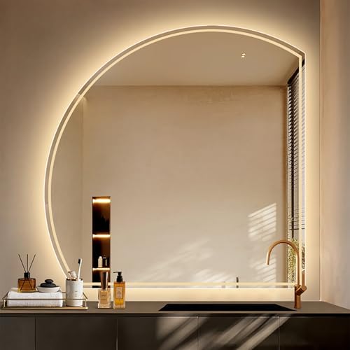 Zhoudong 70cm Modern LED Spiegel mit Beleuchtung, Halbkreis Rahmenlos Wandspiegel Dimmbar, 90cm Badspiegel Anti-Beschlag mit Touch-Schalter(Left,80 * 80cm) von Zhoudong