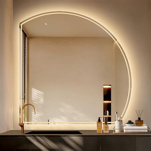 Zhoudong 70cm Modern LED Spiegel mit Beleuchtung, Halbkreis Rahmenlos Wandspiegel Dimmbar, 90cm Badspiegel Anti-Beschlag mit Touch-Schalter(Right,110 * 110cm) von Zhoudong