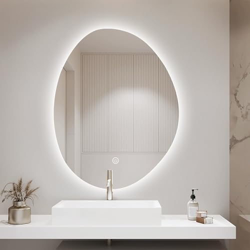 Zhoudong 80cm Led Schminkspiegel mit Beleuchtung 3 Lichtfarbe Dimmbar Badspiegel 90cm Unregelmäßiger Wandspiegel mit Touch-Schalter Anti-Beschlag Spiegel(24 * 16in) von Zhoudong