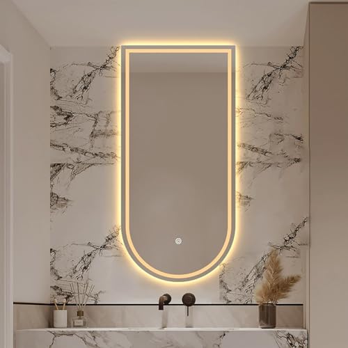 Zhoudong 90/100cm Bad Bogen Wandspiegel mit Beleuchtung, 130cm Groß Rahmenlos Beschlagfrei Badspiegel, LED Eingangspiegel mit 3 Farben Licht Einstellbar(Cut up,24x48in) von Zhoudong