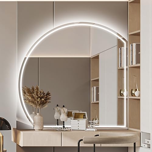 Zhoudong 90cm LED Beleuchtet Halbrunder Spiegel, 80cm Badezimmer Wandspiegel mit Touch-Schalter, Anti-Beschlag, Dekorative Toilettenspiegel 3 Farben Licht Dimmbar(Left,90 * 90cm) von Zhoudong