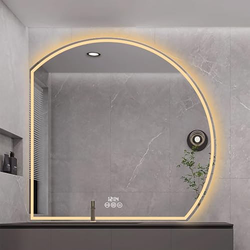 Zhoudong 90cm LED Beleuchtet Halbrunder Spiegel, 80cm Badezimmer Wandspiegel mit Touch-Schalter, Anti-Beschlag, Dekorative Toilettenspiegel 3 Farben Licht Dimmbar(Right,80 * 80cm) von Zhoudong