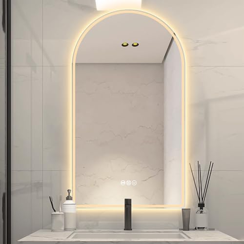 Zhoudong 90cm Rahmenloser LED Spiegel mit Beleuchtung 3 Lichtfarbe Dimmbar Badezimmerspiegel 120cm Modern Bogen Wandmontage Eingangspiegel mit Beschlagfrei(Upright,50 * 90cm) von Zhoudong