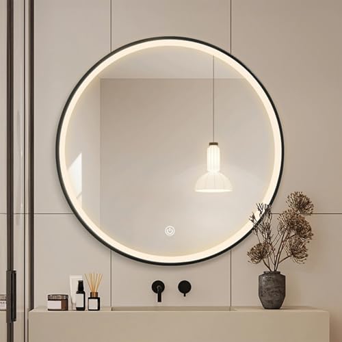 Zhoudong 90cm Rund Spiegel mit Beleuchtung, Groß Gold Badspiegel 3 Lichtfarbe Dimmbar 70/80cm Wandmontage Schminkspiegel mit Antibeschlag für Waschraum(Black,40" x40) von Zhoudong