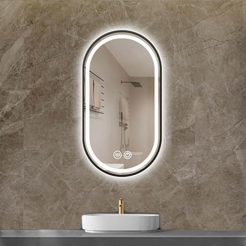 Zhoudong Antibeschlag Bad Spiegel 130cm Oval Ganzkörperspiegel mit Metallrahmen 80/90cm Wandmontage Dekospiegel 3 Lichtfarbe Beleuchtung mit Touchschalter(Black,51x32inch) von Zhoudong