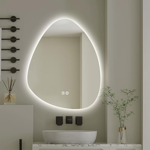 Zhoudong Bad Beleuchteter Kosmetikspiegel Asymmetrisch LED Beschlagfrei Badspiegel 90/100cm Hinterleuchteten 3 Farben Dimmbar Wandspiegel mit Touchschalter(16" Wx24 L) von Zhoudong